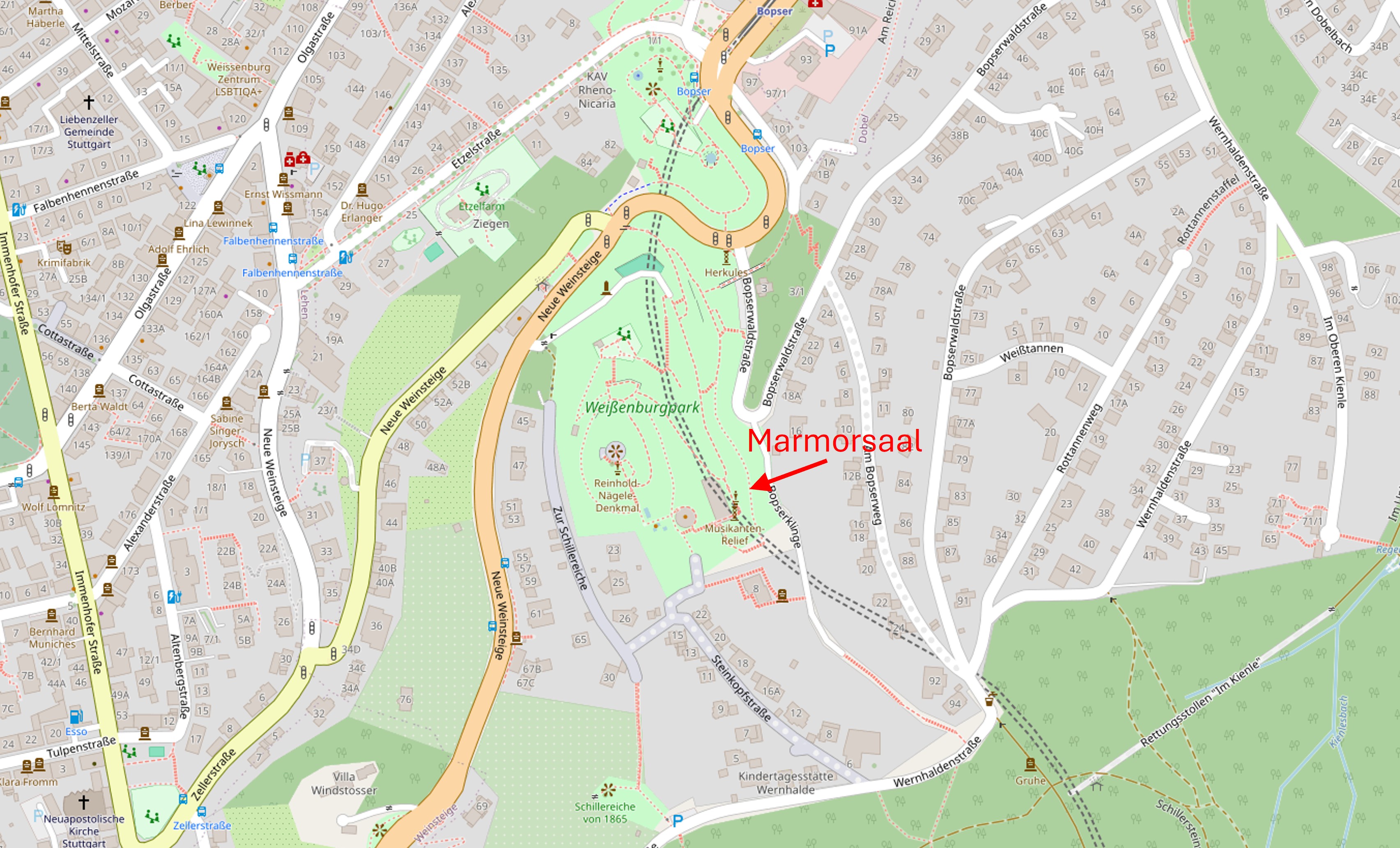 Lage des Marmorsaals im Weißenburgpark, im Stuttgarter Süden